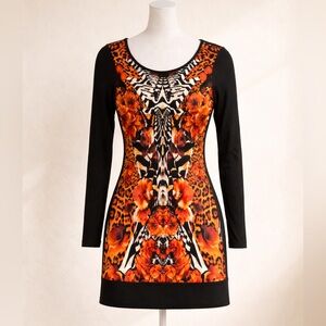 Roberto Cavalli Black and Orange Floral Mini Dress